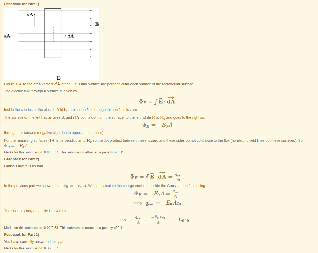 Machine generated alternative text:
Feedback tor Part 1) 
Figure 1 Also the area vectors dA of the Gaussian surface are perpendicular each surface of the rectangular surface. 
The electric flux through a surface is given by 
Inside the conductor the electric field is zero so the flux through this surface is zero. 
The surface on the lett nas an area A and dA points out from the surface, to the left, while E is Eo and goes to the right so: 
= -EDA 
through this surface (negative sign due to opposite directions). 
For the remaining surfaces dA is perpendicular to Eo so the dot product between these is zero and these sides do not contribute to the flux (no electric field lines cut these surfaces). So 
= -EoA. 
Marks for this submissiom 0.00/0.33. This submission attracted a penalty of 0.11 
Feedback tor Part 2) 
Gauss's law tells us that 
= fi.dA 
In the previous part we showed that — —m A. We can calculate the charge enclosed inside the Gaussian surface using: 
= -EDA 
-EoAeo. 
The surface charge density is given by: 
-Eoeo. 
Marks for this submissiom 0.00/0.33. This submission attracted a penalty of 0.11 
Feedback tor Part 3) 
You have correctly answered this part 
Marks for this submissiom 0.33/0.33. 